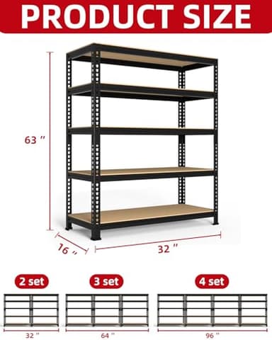 PrimeZone 32" W x 16" D x 63" H Storage Shelves - 5 Tier Adjustable Garage Storage Shelving, Heavy Duty Metal Storage Utility Rack Shelf Unit for Warehouse Pantry Closet Kitchen, Black - Image 3