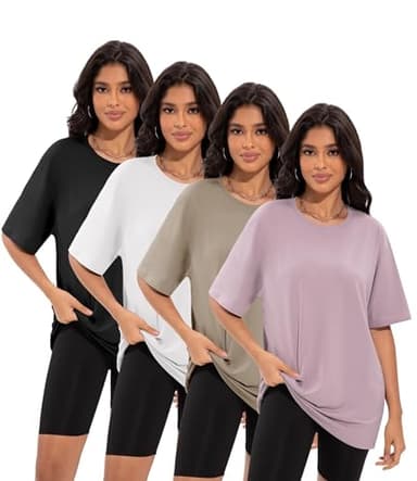 Siimcuzy 4 Pack Oversized Tshirts for Women, Loose Fit Crew Neck Summer Baggy Tops Workout Tees Plus Size T Shirts 1 Black 1 White 1 Dark Pink 1 Khaki XX-Large - Image 1