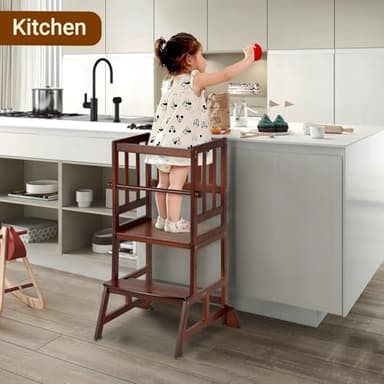 COSYLAND Toddler Standing Tower - Adjustable Height Toddler Kitchen Stool Helper - Kids Kitchen Step Stool for Learning with Removable Safety Railing Brown - Image 8