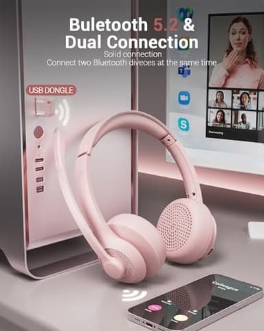 Wireless Headset with AI Noise Cancelling Microphone Bluetooth Headset - Bluetooth V5.2 Headphones with USB Dongle, Charging Base & Mic Mute for Computer/Laptop/PC/iPhone/Android/Cell Phones (Pink) - Image 3
