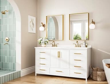 Keonjinn Brushed Shiny Gold Bathroom Mirror 22 x 30 Inch, Rectangle Gold Vanity Mirror for Wall, Aluminum Alloy Metal Framed, Modern Farmhouse, Square Corner, Brass Mirrors for Over Sink - Image 3