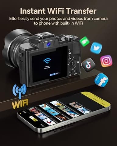 Fulealfly 8K Digital Camera for Photography, 88MP Autofocus WiFi Vlogging Camera for YouTube Video with Front and Rear Lens, Flash, Touch Screen, Lens Hood, 64GB Card, 2 Batteries(Black) - Image 4