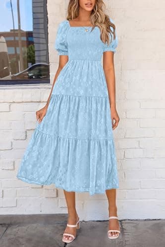 PRETTYGARDEN Women's 2025 Summer Casual Midi Dresses Square Neck Short Sleeve Smocked A Line Floral Flowy Elegant Boho Dress (Light Blue,Medium) - Image 4