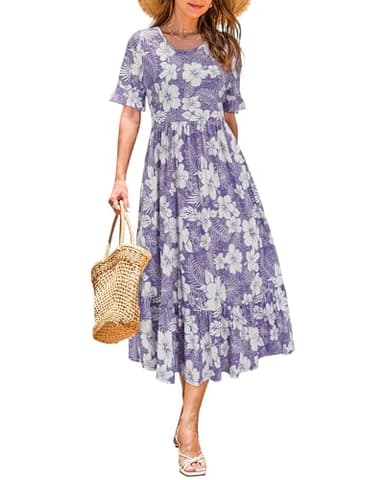 STYLEWORD Women's Summer 2025 Casual Short Sleeve Tiered Flowy Spring Dress Long Midi Beach Sundress Vacation Outfits(Floral15,L) - Image 1