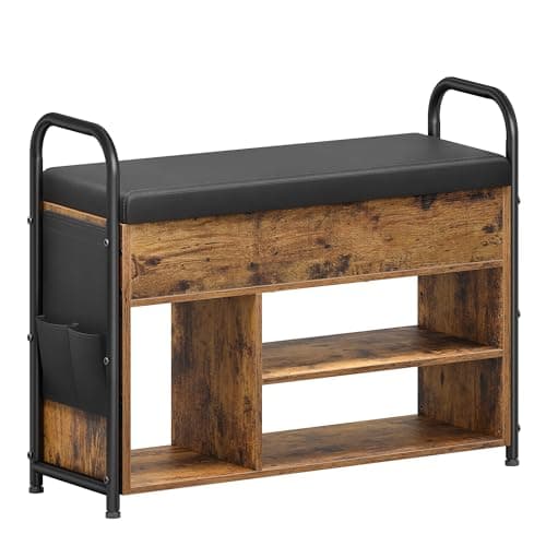 VASAGLE Shoe Bench, Shoe Rack, Entryway Furniture, Inner Storage Under The Lid, PU Pockets, Convenient Handles, for Entryway, Living Room, Bedroom, Rustic Brown and Ink Black ULSB052K01 - Image 1