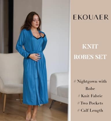 Ekouaer Women's Sexy Nightgown with Robes Set 2 Piece Lace Full Length Knit Soft Nightwear Lightweight Bathrobes Blue Green S - Image 2