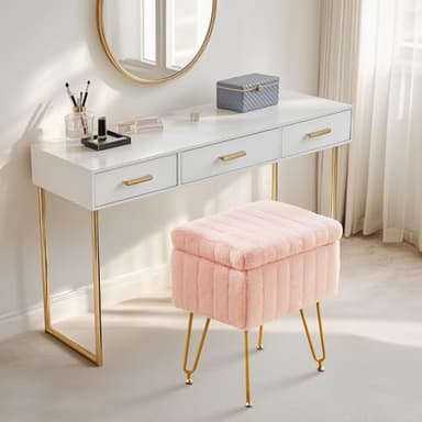 DUMOS Vanity Stool Chair, Ottoman with Storage, Makeup Cute Soft Small Footstool, Modern Style Faux Fur Seat with 4 Metal Legs & Adjustable Feet for Dressing, Living Room, Bedroom, Dorm, Pink - Image 2