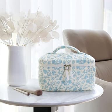 Prite Large Makeup Bag Cute Cosmetic Bag for Women Floral Coquette Aesthetic Toiletry Bag Travel Make Up Organizer Bag(Blue Flower) - Image 2