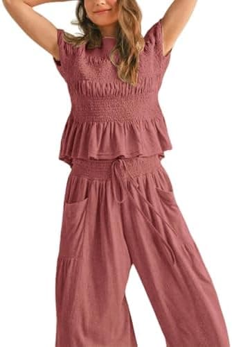 Womens 2 Piece Smocked Top Wide-Leg Pants Set High-Waisted Lounge Outfit with Pockets Casual Boho Matching Set - Image 3
