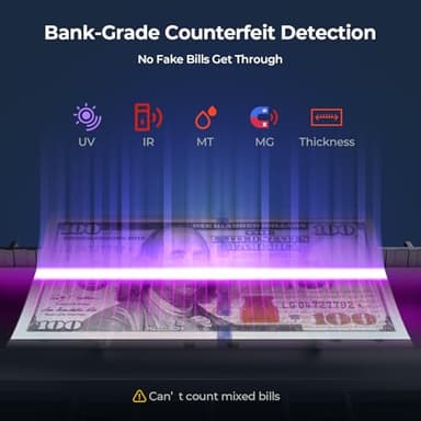 MUNBYN IMC51 Money Counter Machine Count Value, Add+Batch/Add+ Value Mode Bill Counter, UV/MG/IR/MT Detection, USD only Cash Counter,1100 Bills/min, Money Counting Machine with LCD Display (Black) - Image 4