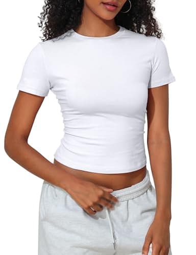 PrettyGuide Women's Casual Summer Basic Tops Crew Neck Short Sleeve Fitted T Shirt Trendy Baby Tee White M - Image 2
