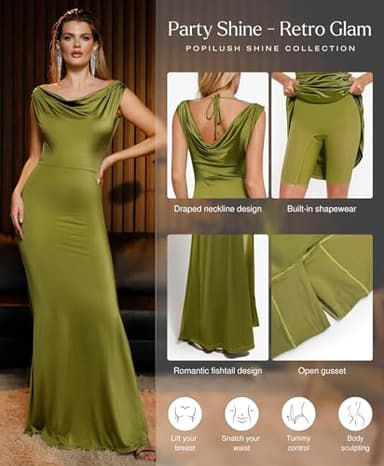 Popilush Women Shapewear Maxi Dress Sleeveless Long Formal Cocktail Party Elegant Bodycon Dresses Built-in Bra Green - Image 2