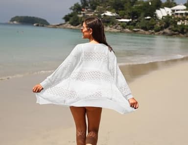 GRECERELLE Women's Lightweight Long Sleeve Cardigan Summer Casual Loose Open Front Pointelle Sweater Beach Coverup, White, Medium - Image 4