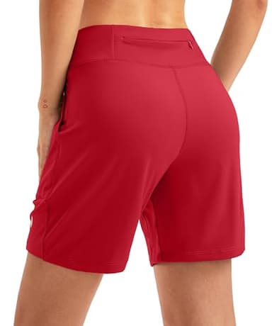 SANTINY Women's 6'' Athletic Long Shorts with 4 Pockets High Waisted Bermuda Shorts for Women Walking Running Casual (Red_M) - Image 2
