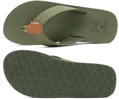 KuaiLu Men's Leather Flip Flops Arch Support Summer Beach Pool Water Thong Sandals Waterproof Rubber Walking Shoes Slip on Orthotic Casual Sport Cushioned Slides Shower Slippers Army Green Size 10.5 - Image 9