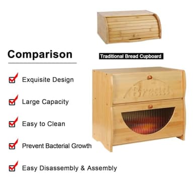 HOMEKOKO Double Layer Large Bread Box for Kitchen Counter, Vintage Design Wooden Large Capacity Bread Storage Bin (Natural Bamboo) - Image 5