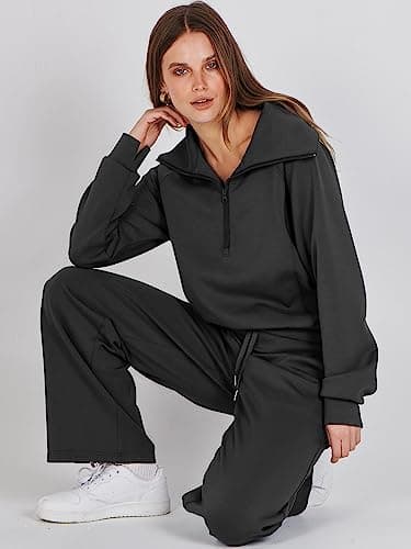 ANRABESS Women 2 Piece Outfits 2025 Fall Fashion Airport Wide Leg Pants Lounge Set Leisure Travel Vacation Clothes Sweatsuits Black Small - Image 7