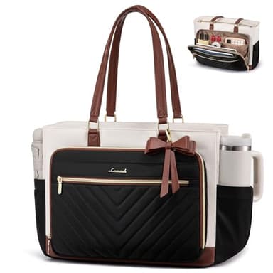 LOVEVOOK Teacher Tote Bag for Women, Work Bags Laptop Bag with Large Cup Holder, Quilted Nurse Bag Diaper Tote with Multi-Pockets, Large Computer Handbag Purse for Bussiness Travel, Office, College - Image 1