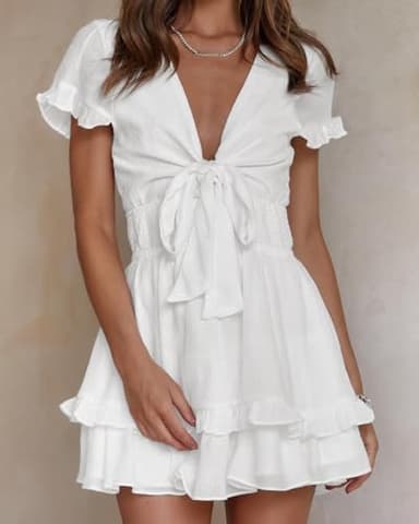 PRETTYGARDEN Women Summer Short Dress 2025 Casual V Neck Short Sleeve Tiered Bow Mini Sun Dresses Beach Vacation Sundress(White,Small) - Image 4