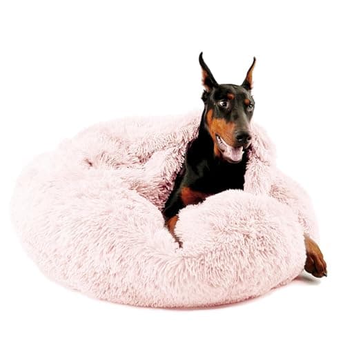 Himax Dog Beds for Large Dogs, Comfort Dogs Bed with Blanket Attached, Calming Anti-Anxiety Fluffy Dog Bed Washable (20"/26"/35") Pink - Image 1