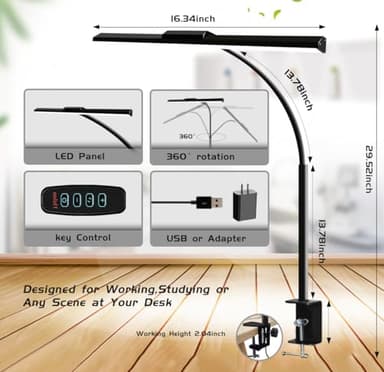litren Clip On Desk Lamps for Office Home Desk Lights with Clamp with 3 Light Modes,10 Brightness 10W USB Adapter Adjustable LED Clamp Light for Computer Desktop Workbench Monitor Lamp - Image 7