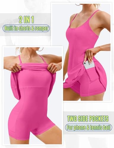 Womens Tennis Dress, Athletic Dress with Built-in Bra & Shorts Pockets Summer Dresses for Women Golf Outfits for Workout Hot Pink - Image 3