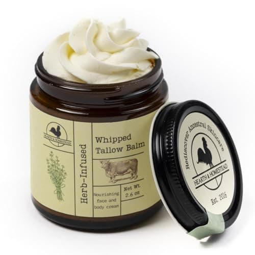 Hearth and Homestead: Handmade Whipped Tallow Balm (Herb-Infused/Unscented) - Large Jar - 2.6 oz - Image 1