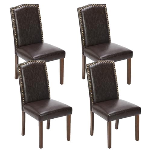 Sweetcrispy Dining Chairs Set of 4, Upholstered Leather Kitchen Room Chairs Mid Century Modern High-End Dining Room Side Chairs with Nailhead Trim and Wood Legs for Bedroom, Living Room, Brown - Image 1