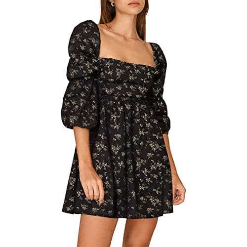 EXLURA Womens Square Neck Dress Long Puff Sleeve A-Line Casual Short Mini Dress Black Floral - Image 1