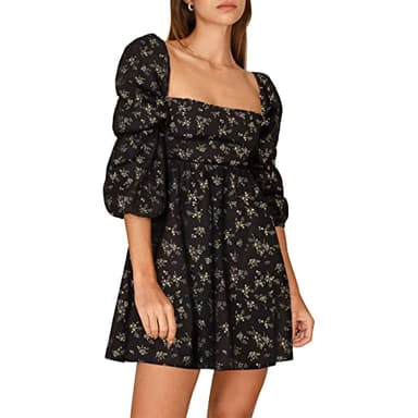 EXLURA Womens Square Neck Dress Long Puff Sleeve A-Line Casual Short Mini Dress Black Floral - Image 1