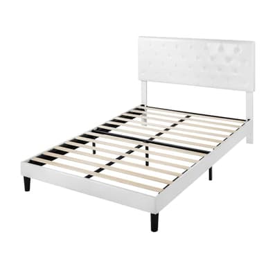 SHA CERLIN Full Size Bed Frame with Button Tufted Headboard, Faux Leather Upholstered Mattress Foundation, Platform Bed Frame, Wooden Slat Support, No Box Spring Needed, White - Image 9