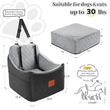 INDYBUD Dog Car Seat for Small Medium Dogs,Detachable Washable Dog Booster Seat Under 35lbs, Pet Car Seat Travel Bed with Storage Pockets and Safety Belt (Black/Grey, Medium) - Image 2
