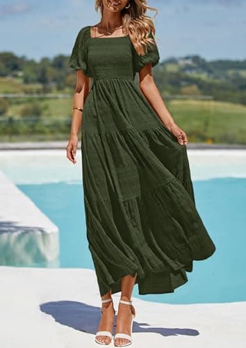 PRETTYGARDEN Womens Summer Puff Short Sleeve Maxi Dress Square Neck Smocked Tiered Ruffle A Line Long Flowy Beach Dresses (Army Green,Large) - Image 5
