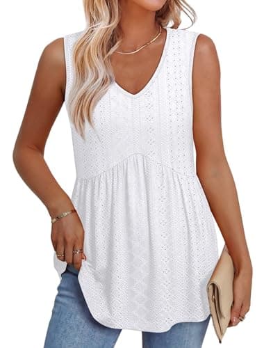 Women's Clothing Beach Vacation Clothes Cowboy Chic Fashion Clothing Summer Tops Fall Deals White Eyelet Tops Sleeveless Empire Waist Top L - Image 3