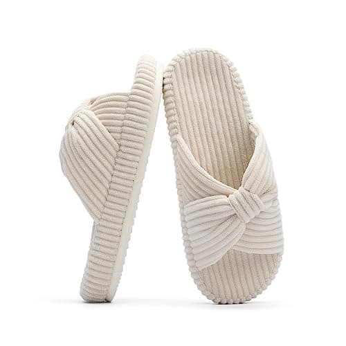 Chantomoo Slippers for Women Memory Foam House Bedroom Corduroy Bow Crossbands Slide Slipper Shoes Comfy Trendy Gift Slippers Beige Size 9 10 8.5 - Image 1