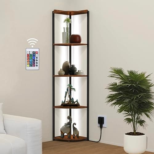 ZOUTOG 5 Tier Corner Shelf with LED Light, 62 Inch Tall Standing Narrow Bookshelf for Small Space with Storage Rack, Wooden Plant Corner Display Shelf with Metal Frame for Bedroom, Living Room - Image 1