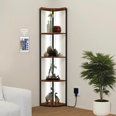 ZOUTOG 5 Tier Corner Shelf with LED Light, 62 Inch Tall Standing Narrow Bookshelf for Small Space with Storage Rack, Wooden Plant Corner Display Shelf with Metal Frame for Bedroom, Living Room - Image 1