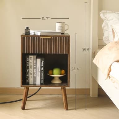 Fultyle Mid Century Modern Nightstand with Charging Station, Modern Bedside Table with Fluted Drawer and Storage Shelf, End Side Tables Living Room for Bedroom, Office (Rustic Brwon) - Image 3