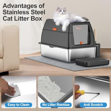 Stainless Steel Litter Box with Lid,Front Entry Top Exit Kitty LitterBox,Extra Large Enclosed Metal Cat Box with Litter Scoop & Litter Mat-Black - Image 7