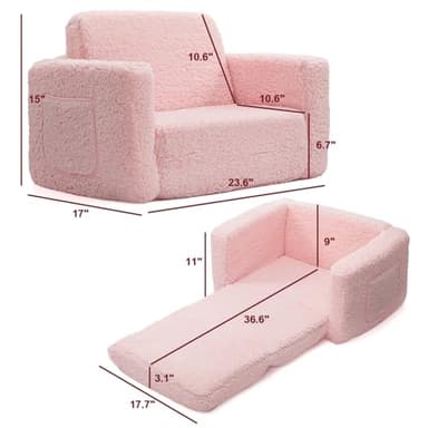 ALIMORDEN 2-in-1 Flip Out Cuddly Sherpa Toddler Couch Convertible Sofa to Lounger, Pink - Image 3