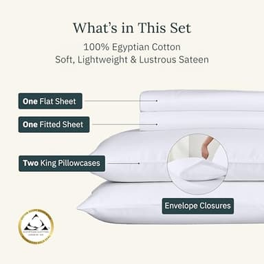 California Design Den Certified 100% Egyptian Cotton Sheets King Size Set with Deep Pockets, Soft Sateen Weave, Luxury King Size Sheets Set, Wrinkle-Resistant, Cool & Durable Bedding - White - Image 3