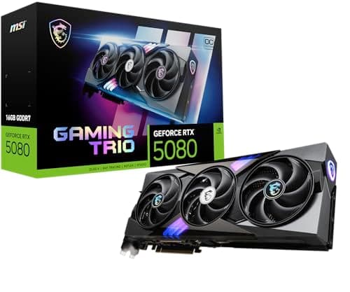 MSI GeForce RTX 5080 16G Gaming Trio OC Graphics Card - RTX 5080 GPU, 16GB GDDR7 (30Gbps/256-bit), PCIe 5.0 - TRI FROZR 4 (3 x STORMFORCE Fan), Gaming & Silent Mode, RGB - HDMI 2.1b, DisplayPort 2.1b