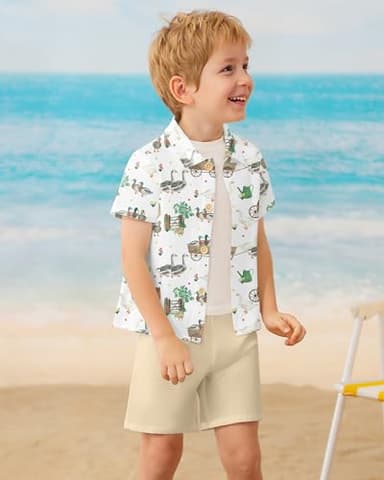 Coco&RARA Toddler Boy Clothes Baby Flamingo Hawaiian Outfits Short Sleeve Shirt + Elastic Waist Shorts Summer Beach Set(Duck + Khaki, 2-3T) - Image 3