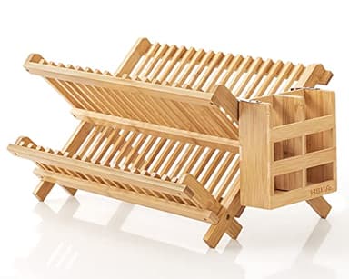 HBlife Dish Rack, Bamboo Folding 2-Tier Collapsible Drainer Dish Drying Rack with Utensils Flatware Holder Set (Dish Rack with Utensil Holder) - Image 1