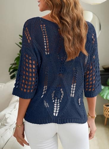 EVALESS Womens Fashion 2025 Ladies Tops Spring Scoop Neck 3/4 Short Sleeve Crochet Tops Lightweight Sweaters Work Business Oversized Shirts Swimsuit Coverup for Women Summer Outfits, Blue X-Large - Image 4