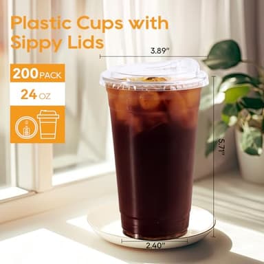 Turbo Bee 24 OZ 200 Sets Clear Plastic Cups with Strawless Sip Lids, To Go Crystal Clear Disposable Plastic Cups with Lids for Iced Coffee, Smoothies, Soda, Lemonade, Cold Beverage - Image 2