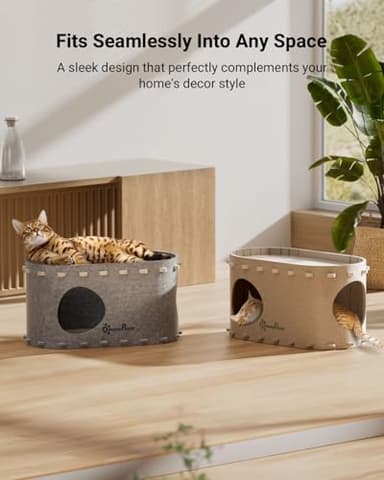 DownyPaws Cat House for Indoor Cats, Cat Bed Cave for Multiple & Large Cats Up to 22 Lbs, Scratch Resistant, Foldable Peekaboo Kitten Caves Tunnel Enclosed Bed, PeekaPurr, Cream - Image 6