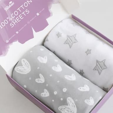 Bassinet Sheets Compatible with AirClub, GoFirst and MiClassic Bassinet Bedside Sleeper, 2 Pack,100% Jersey Knit Cotton Fitted Sheets, Mild Grey Hearts and White Stars Print - Image 3