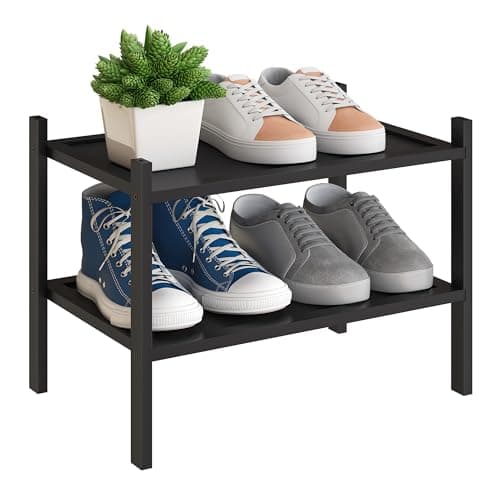 BMOSU 2-Tier Bamboo Small Shoe Rack Premium Stackable Shoe Shelf Storage Organizer for Hallway Closet Living Room Entryway Organizer(Black) - Image 1