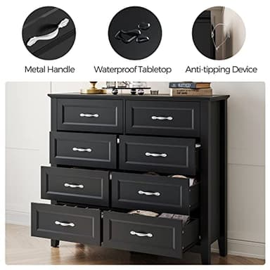 LINSY HOME 8 Drawers Dresser for Bedroom, Black Wood Dresser with Metal Handle, Farmhouse Tall Chest of Drawers with 1 pcs Fabric Divider Organizer, Storage Organizer for Living Room, Closet, Hallway - Image 4